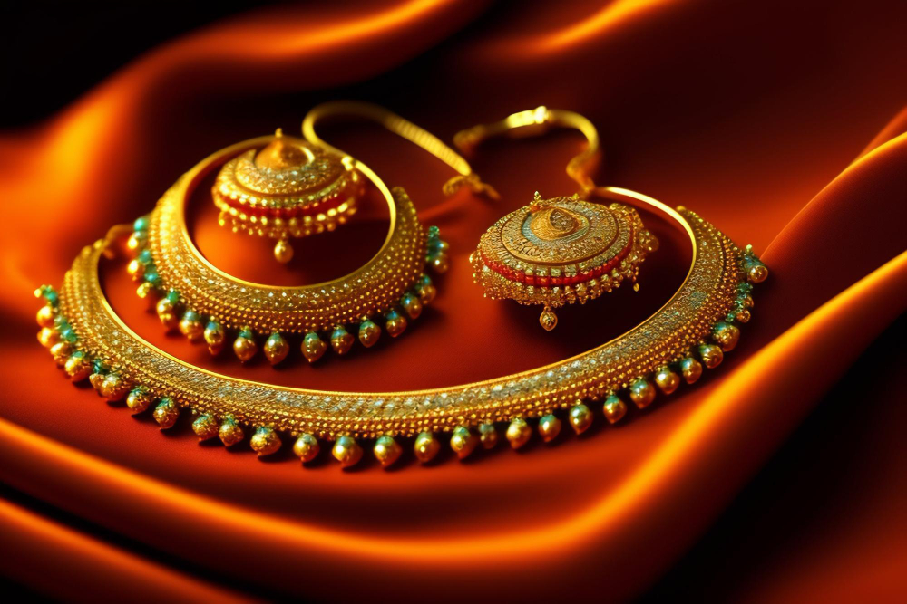 gold-necklace-earrings-are-displayed-red-velvet-surface
