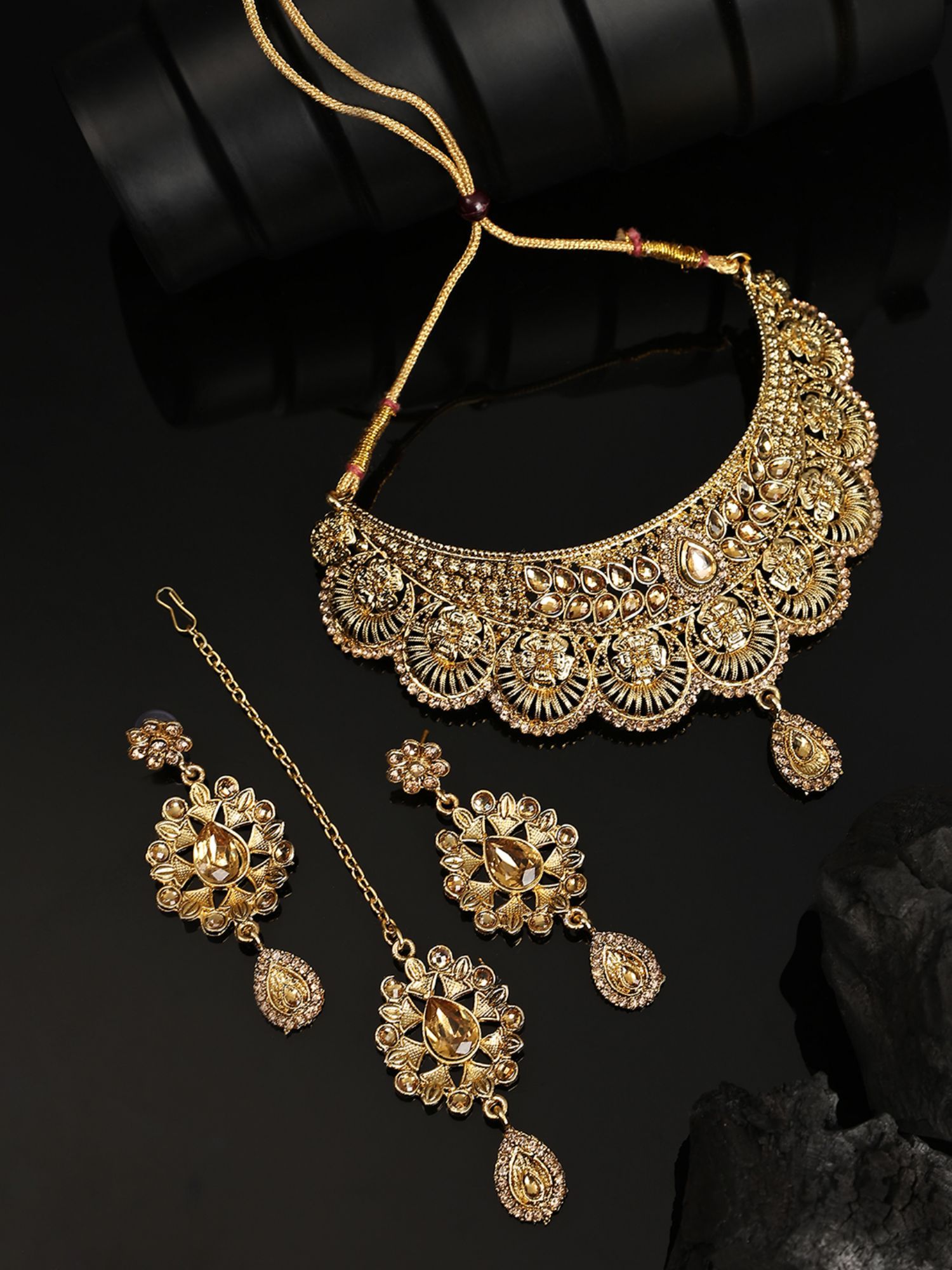 Designer Gold Plated Traditional Matte Finish Necklace with Earring Maangtika