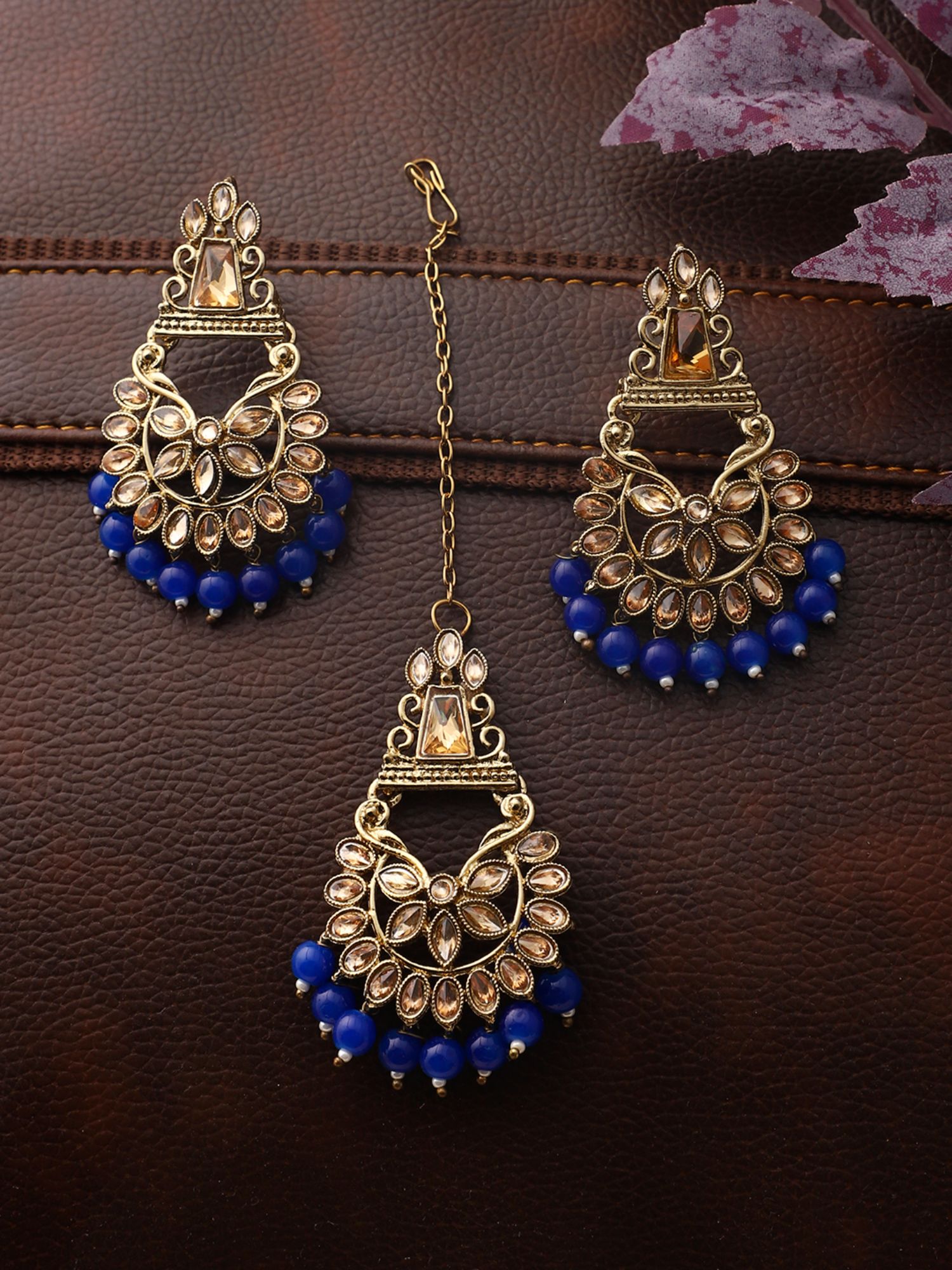 Gold-Plated Blue & Beige Kundan Stone Studded & Beaded Maang Tika & Earring Set