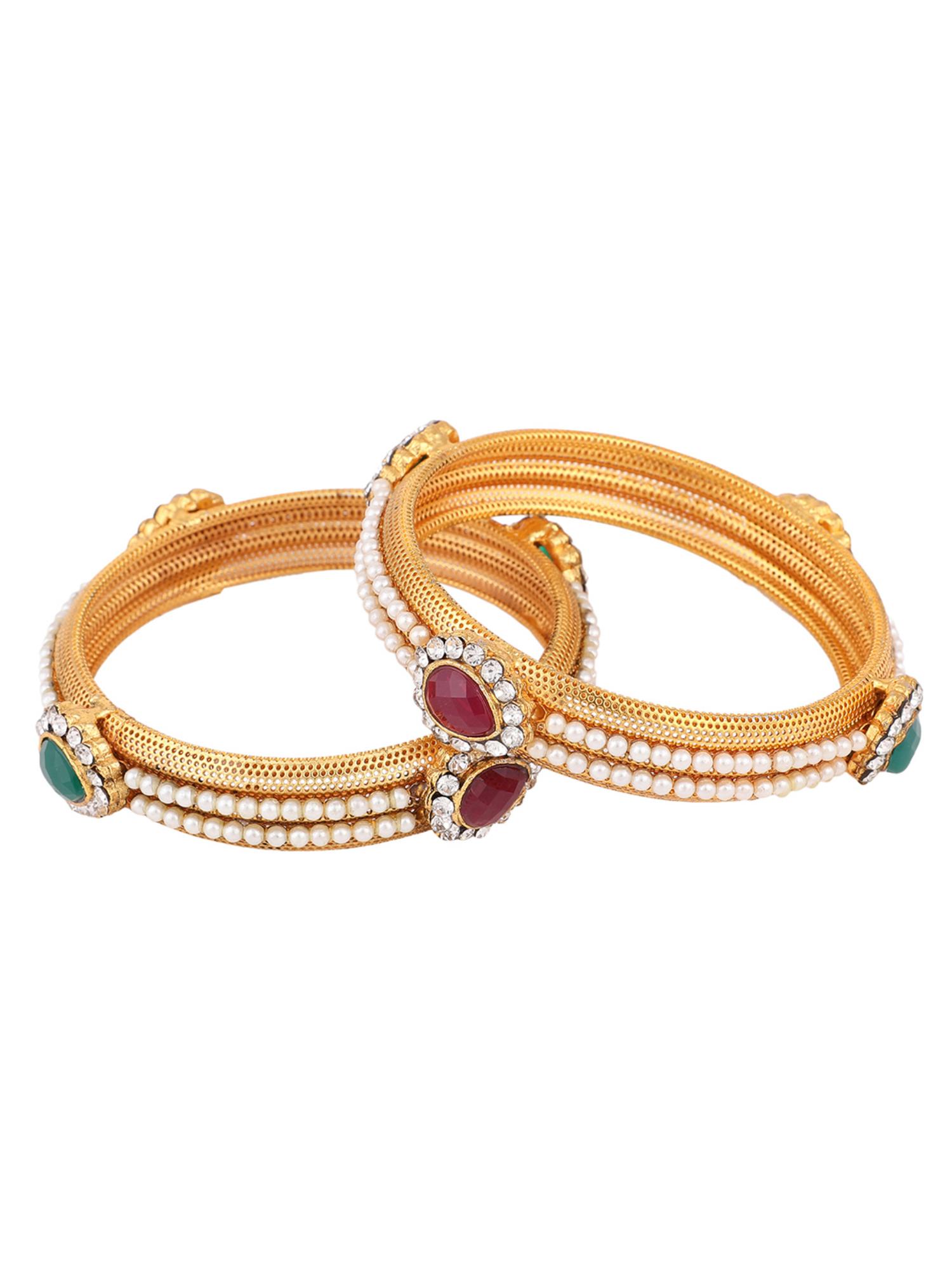 Designer Gold Plated Pearl and Stone Multi colour Bangles Set of 2