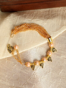 Stylish Gold Plated Pearl Link And Charm Adjustable Bracelet