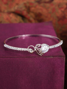 Designer Heart Silver Plated American Diamond Stone Studded Brass Openable bracele